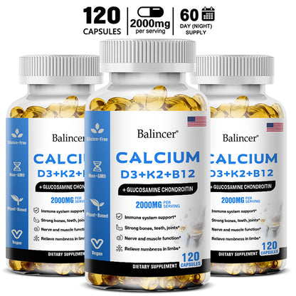 Balincer Calcium D3 + K2 + B12 with Glucosamine Chondroitin | Bone, Joint & Muscle Support | 120 Capsules