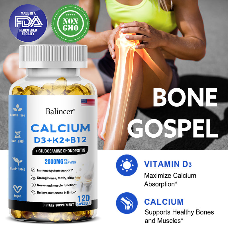 Balincer Calcium D3 + K2 + B12 with Glucosamine Chondroitin | Bone, Joint & Muscle Support | 120 Capsules