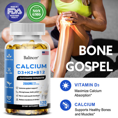 Balincer Calcium D3 + K2 + B12 with Glucosamine Chondroitin | Bone, Joint & Muscle Support | 120 Capsules
