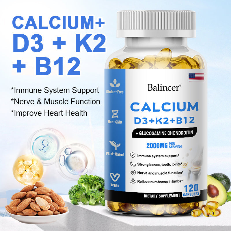 Balincer Calcium D3 + K2 + B12 with Glucosamine Chondroitin | Bone, Joint & Muscle Support | 120 Capsules
