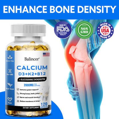 Balincer Calcium D3 + K2 + B12 with Glucosamine Chondroitin | Bone, Joint & Muscle Support | 120 Capsules