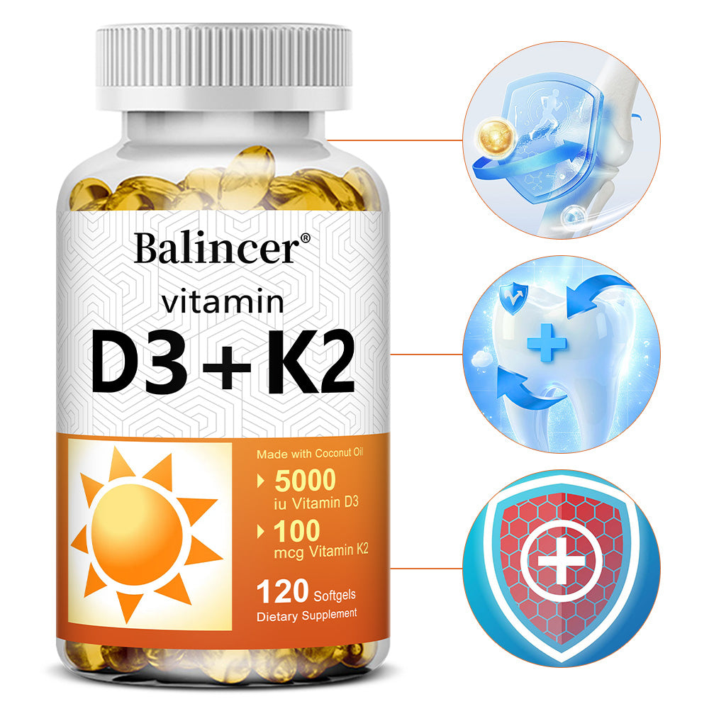 Balincer Vitamin D3 5000 IU + K2 100 mcg with Coconut Oil | Bone, Heart & Immune Support | 120 Softgels