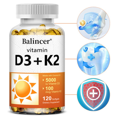 Balincer Vitamin D3 5000 IU + K2 100 mcg with Coconut Oil | Bone, Heart & Immune Support | 120 Softgels