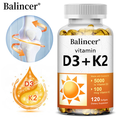 Balincer Vitamin D3 5000 IU + K2 100 mcg with Coconut Oil | Bone, Heart & Immune Support | 120 Softgels