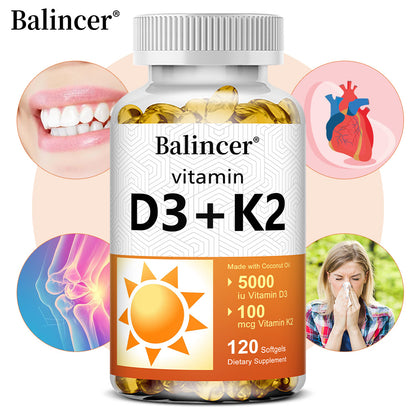 Balincer Vitamin D3 5000 IU + K2 100 mcg with Coconut Oil | Bone, Heart & Immune Support | 120 Softgels