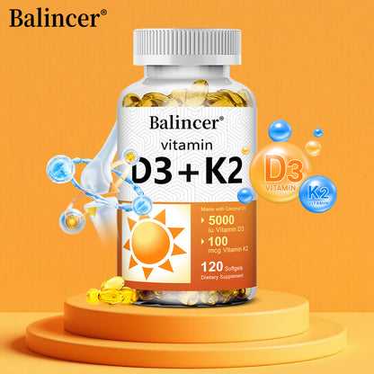 Balincer Vitamin D3 5000 IU + K2 100 mcg with Coconut Oil | Bone, Heart & Immune Support | 120 Softgels