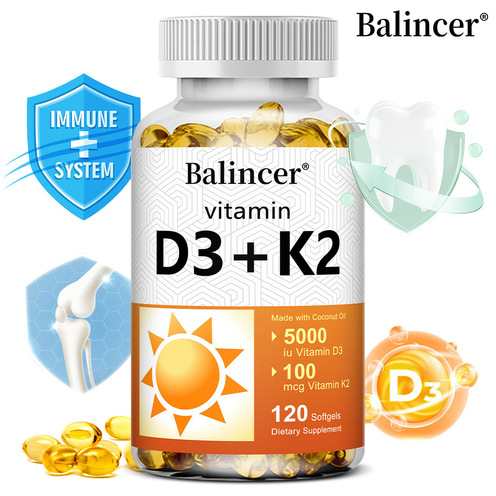 Balincer Vitamin D3 5000 IU + K2 100 mcg with Coconut Oil | Bone, Heart & Immune Support | 120 Softgels