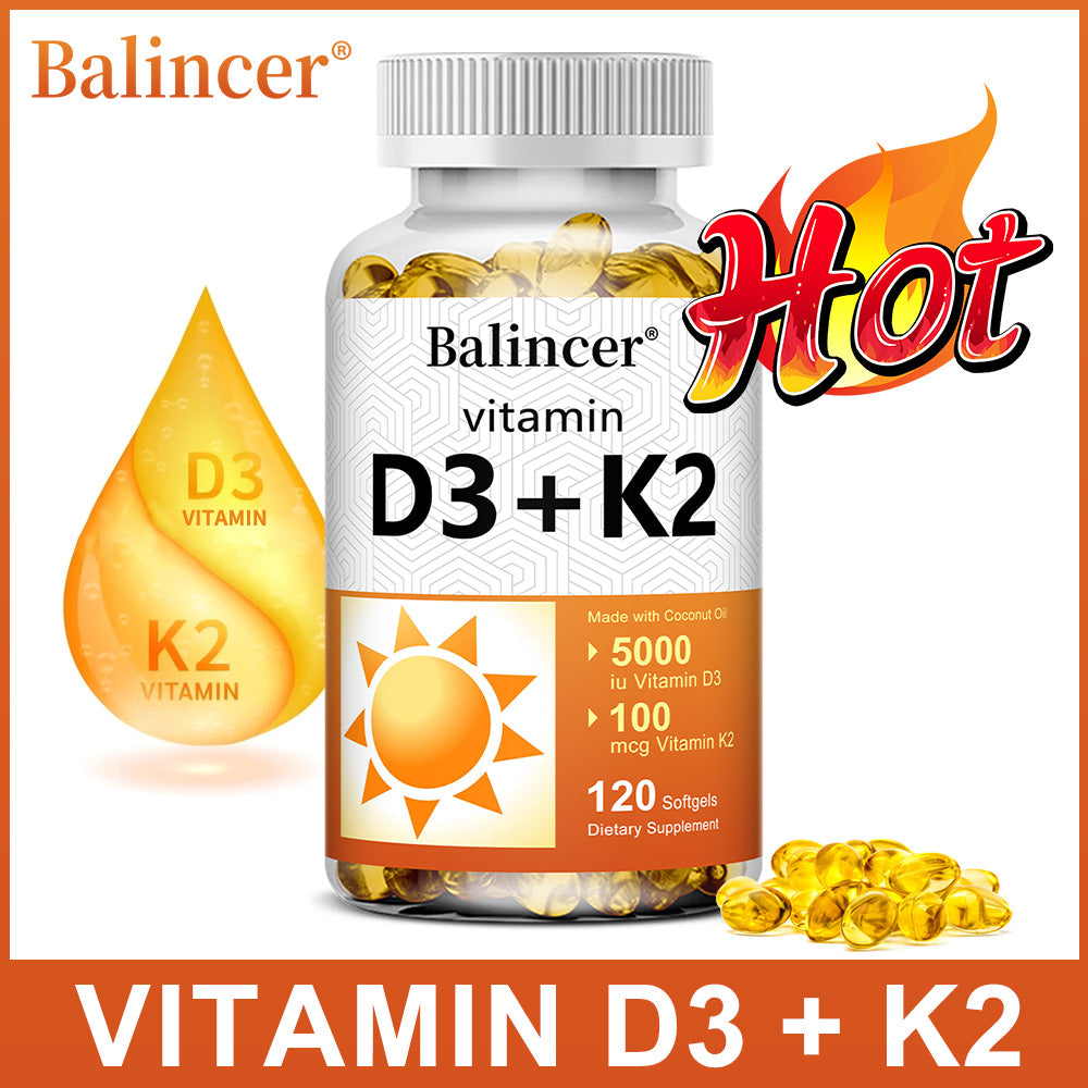 Balincer Vitamin D3 5000 IU + K2 100 mcg with Coconut Oil | Bone, Heart & Immune Support | 120 Softgels