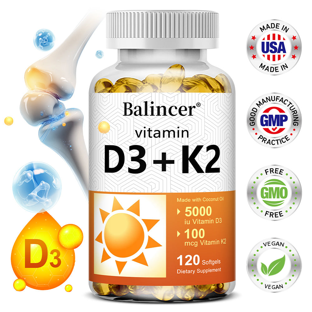 Balincer Vitamin D3 5000 IU + K2 100 mcg with Coconut Oil | Bone, Heart & Immune Support | 120 Softgels