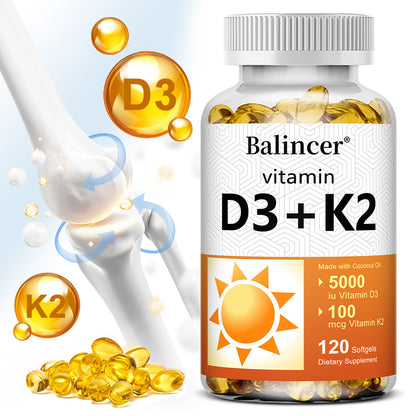Balincer Vitamin D3 5000 IU + K2 100 mcg with Coconut Oil | Bone, Heart & Immune Support | 120 Softgels